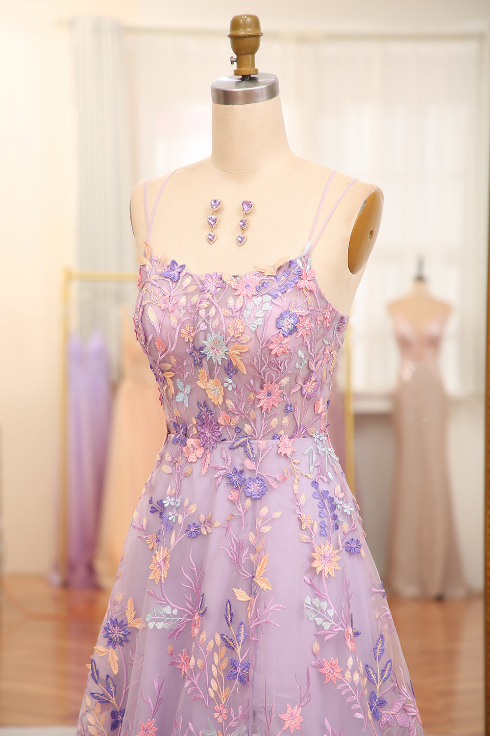 Mauve Prom Dress A Line Tulle Appliqued Long Evening Dress With Slit