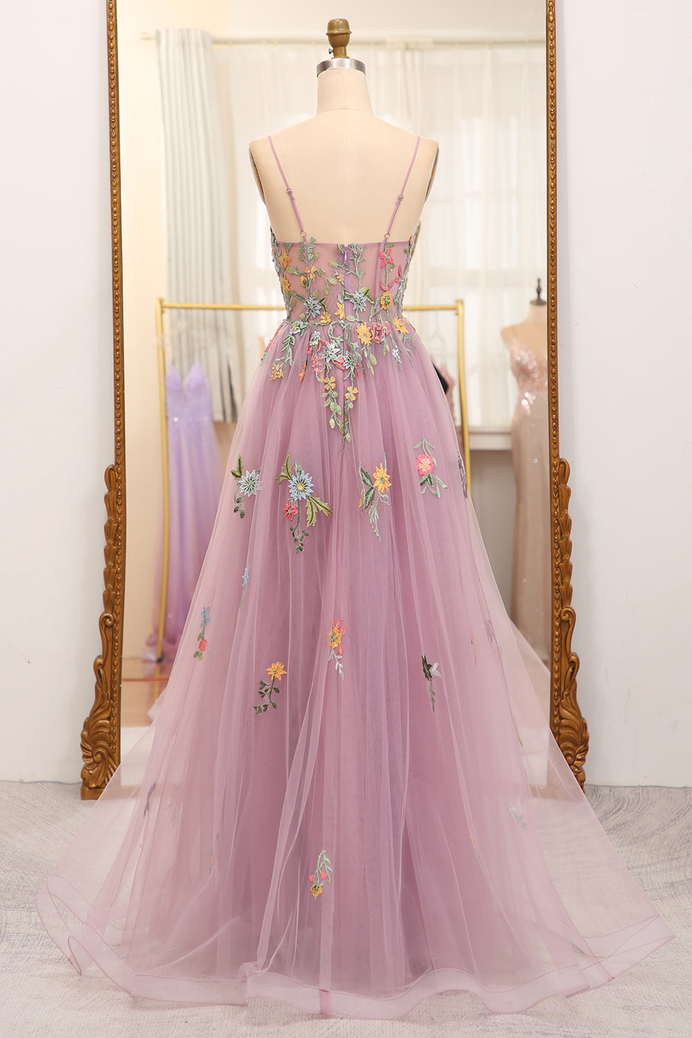 Mauve Prom Dress A Line Tulle Beaded Appliques Long Evening Dress With Front Slit