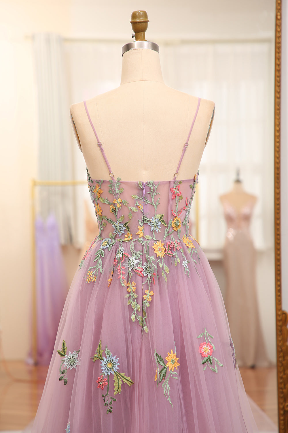 Mauve Prom Dress A Line Tulle Beaded Appliques Long Evening Dress With Front Slit