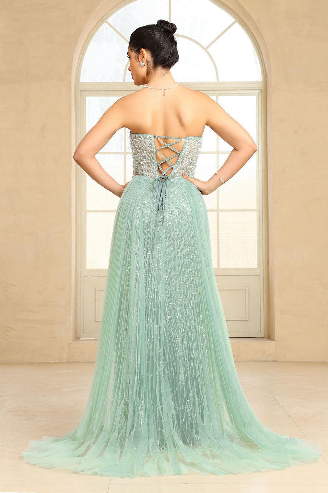 Ment Green Beaded Formal Dress Strapless Sheath Prom Wedding Party Dress with Panel Train