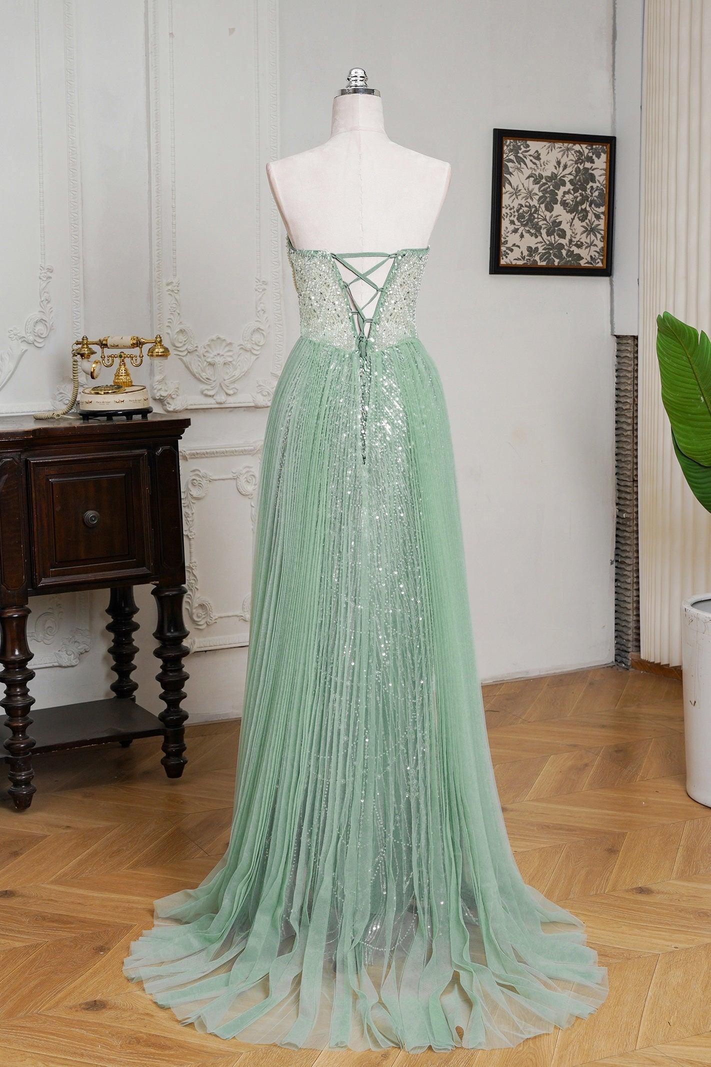 Ment Green Beaded Formal Dress Strapless Sheath Prom Wedding Party Dress with Panel Train