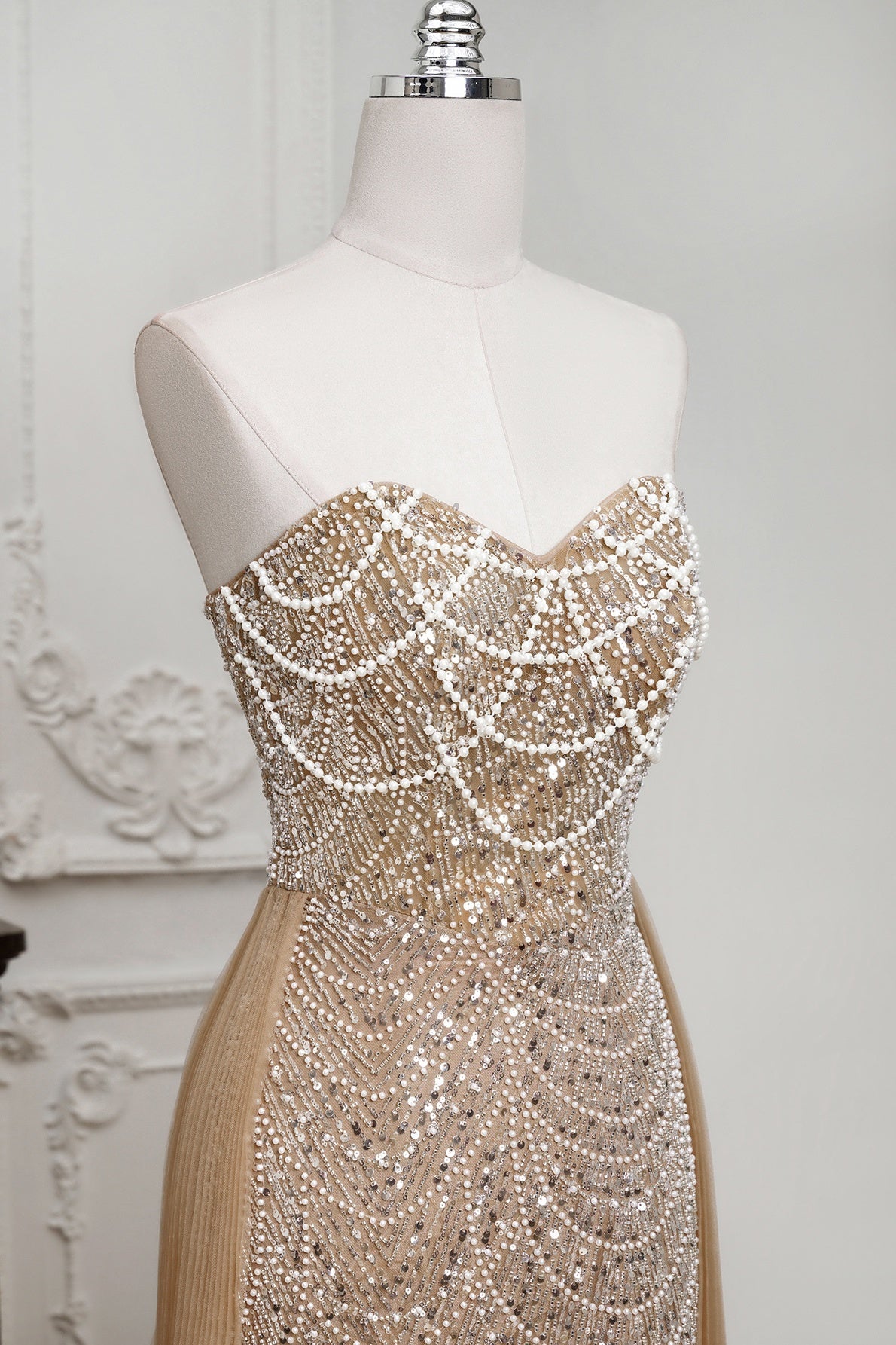 Ment Green Beaded Formal Dress Strapless Sheath Wedding Party Dress with Panel Train