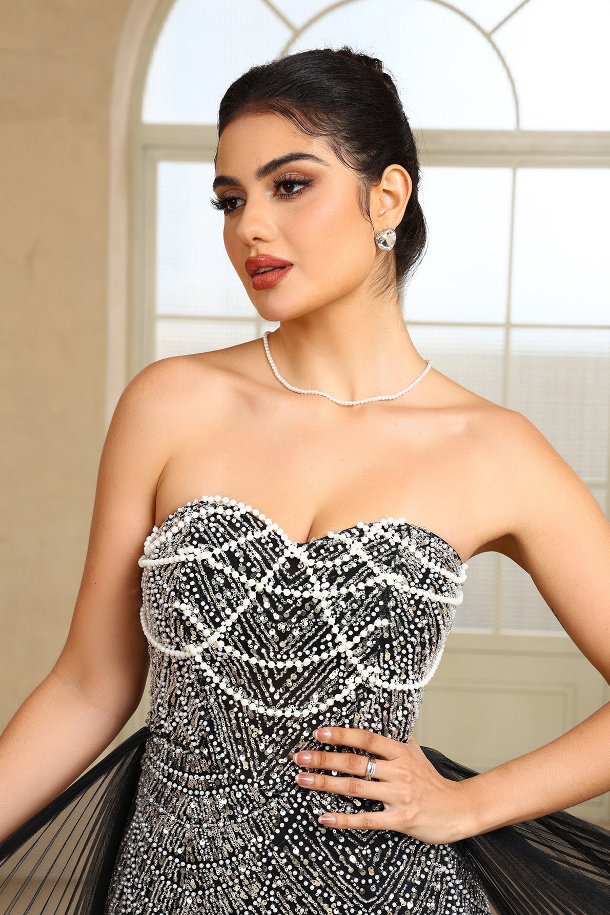 Ment Green Beaded Formal Dress Strapless Sheath Wedding Party Dress with Panel Train