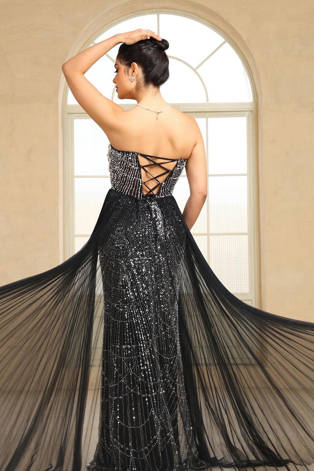 Ment Green Beaded Formal Dress Strapless Sheath Wedding Party Dress with Panel Train