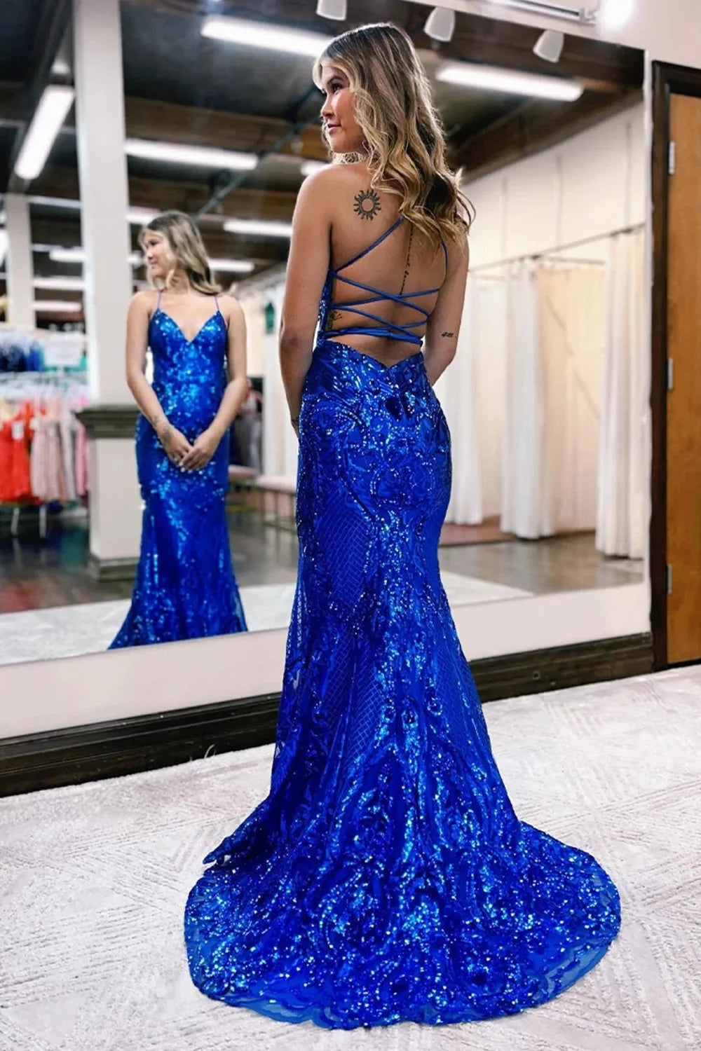 Mermaid Backless Hot Pink Prom Dress Sequined Long Evening Dress