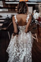 Mermaid Beach Wedding Dress Ivory Lace Appliqued Sweetheart Bridal Gown