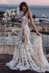 Mermaid Beach Wedding Dress Ivory Lace Appliqued Sweetheart Bridal Gown