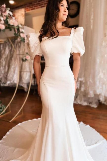 Mermaid Beach Wedding Dress Square Neck Satin Backless Bridal Gown With Short Sleeves