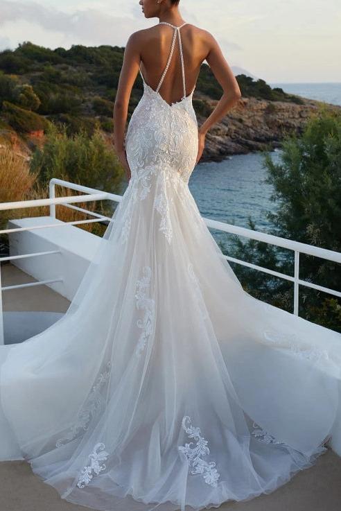Mermaid Beach Wedding Dresses with Lace and Back Hole