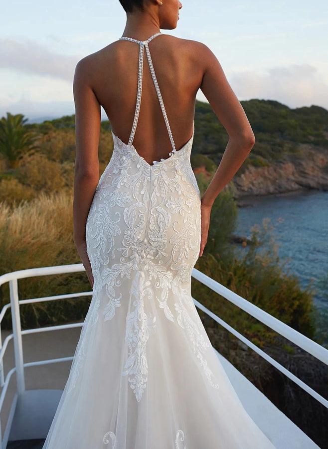 Mermaid Beach Wedding Dresses with Lace and Back Hole