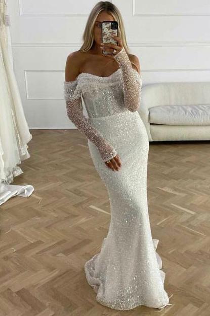 Mermaid Beach Wedding Dresses with Sequined Long Sleeves