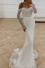 Mermaid Beach Wedding Dresses with Sequined Long Sleeves