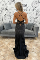 Mermaid Black Prom Dress Spaghetti Straps Long Evening Dress
