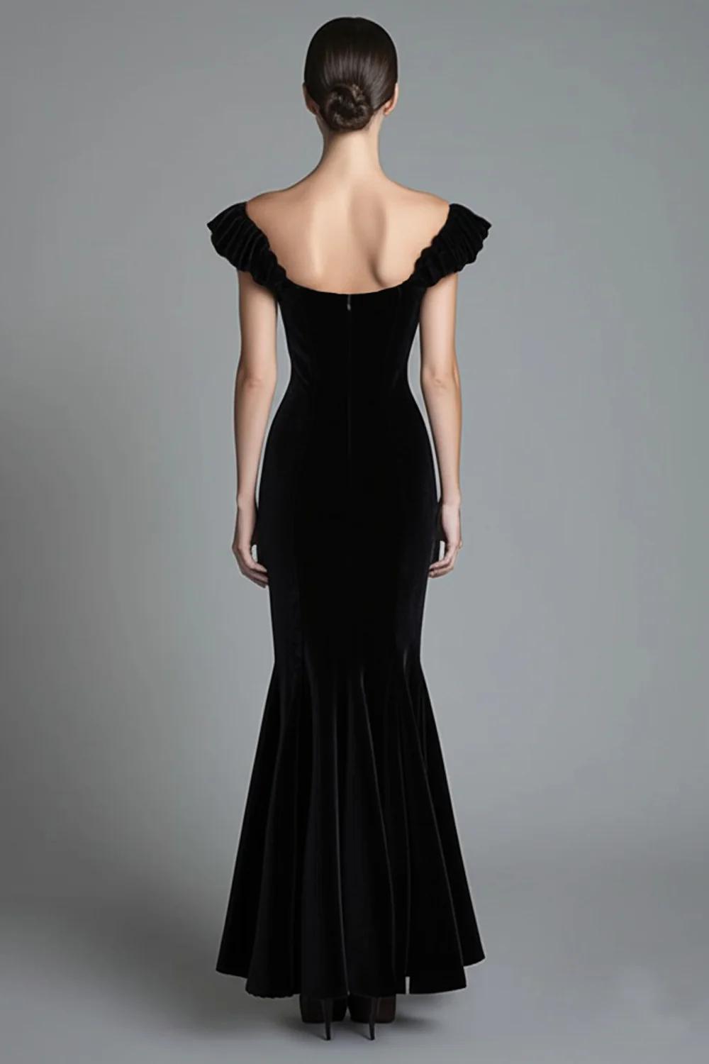 Mermaid Black Velvet Wedding Guest Dress Off The Shoulder Long Formal Dress