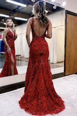 Mermaid Dark Red Prom Dress Long Evening Dress With Slit