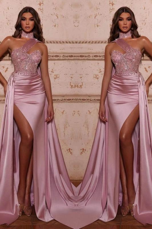 Mermaid Evening Dress with High Neck Split Beads and Ruffles