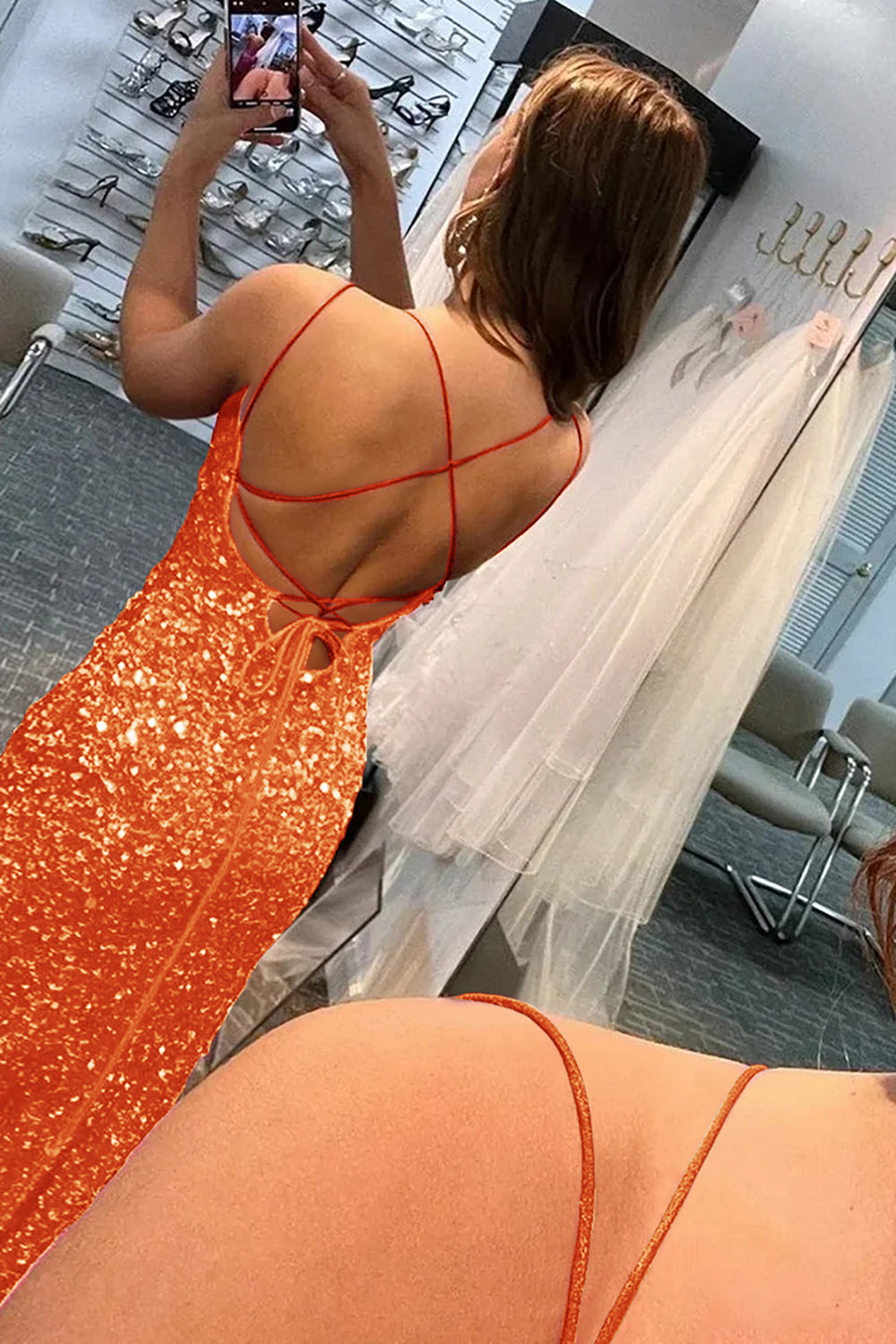 Mermaid Glitter Sequins Hot Pink Backless Long Prom Dress