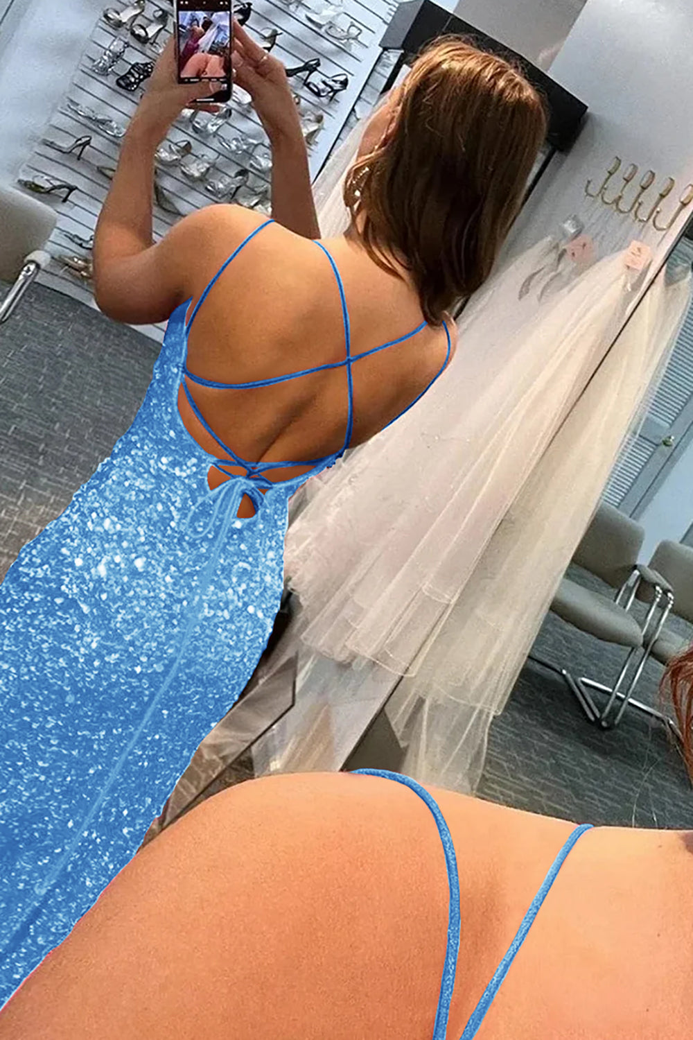 Mermaid Glitter Sequins Hot Pink Backless Long Prom Dress