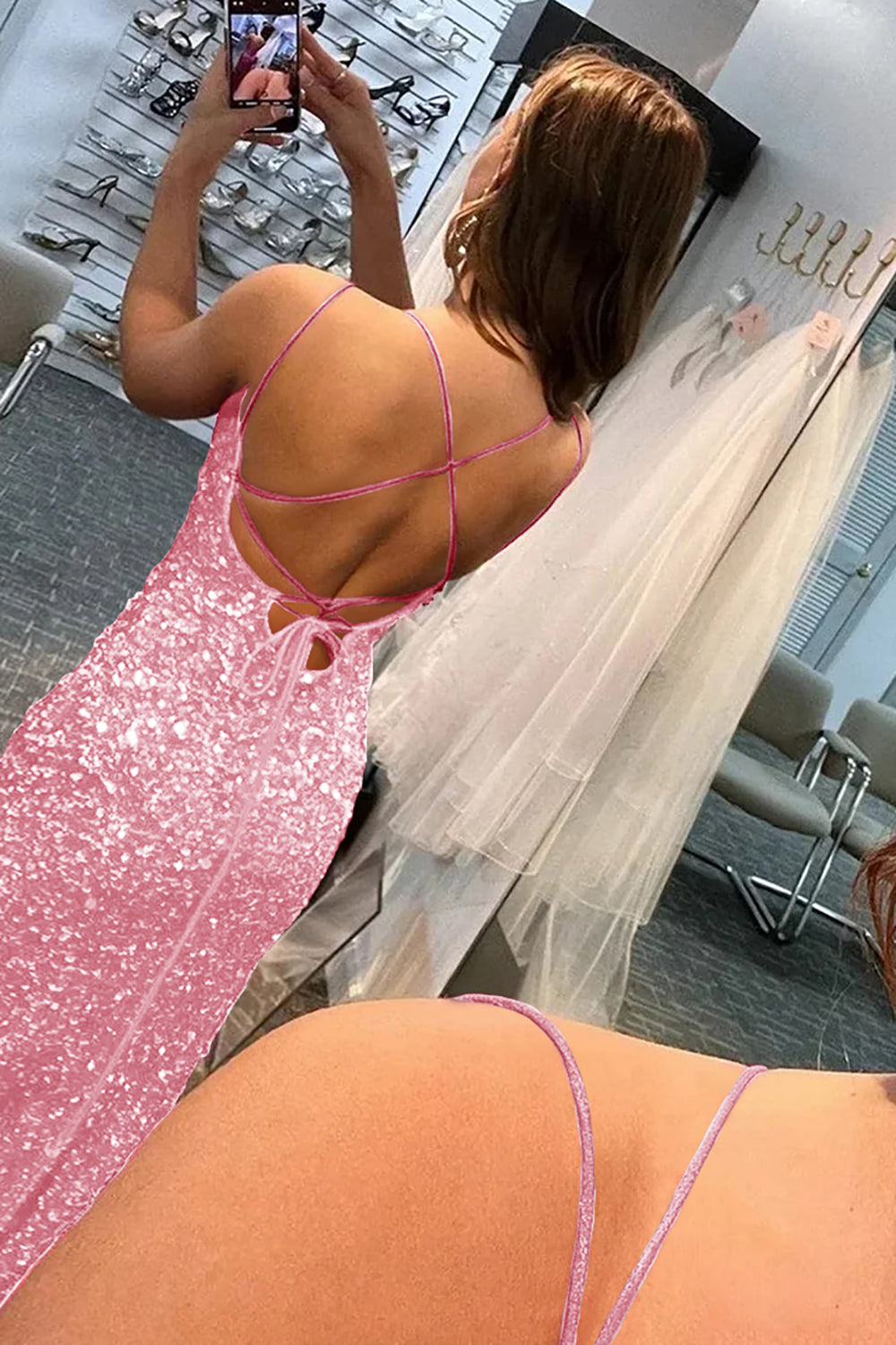 Mermaid Glitter Sequins Hot Pink Backless Long Prom Dress