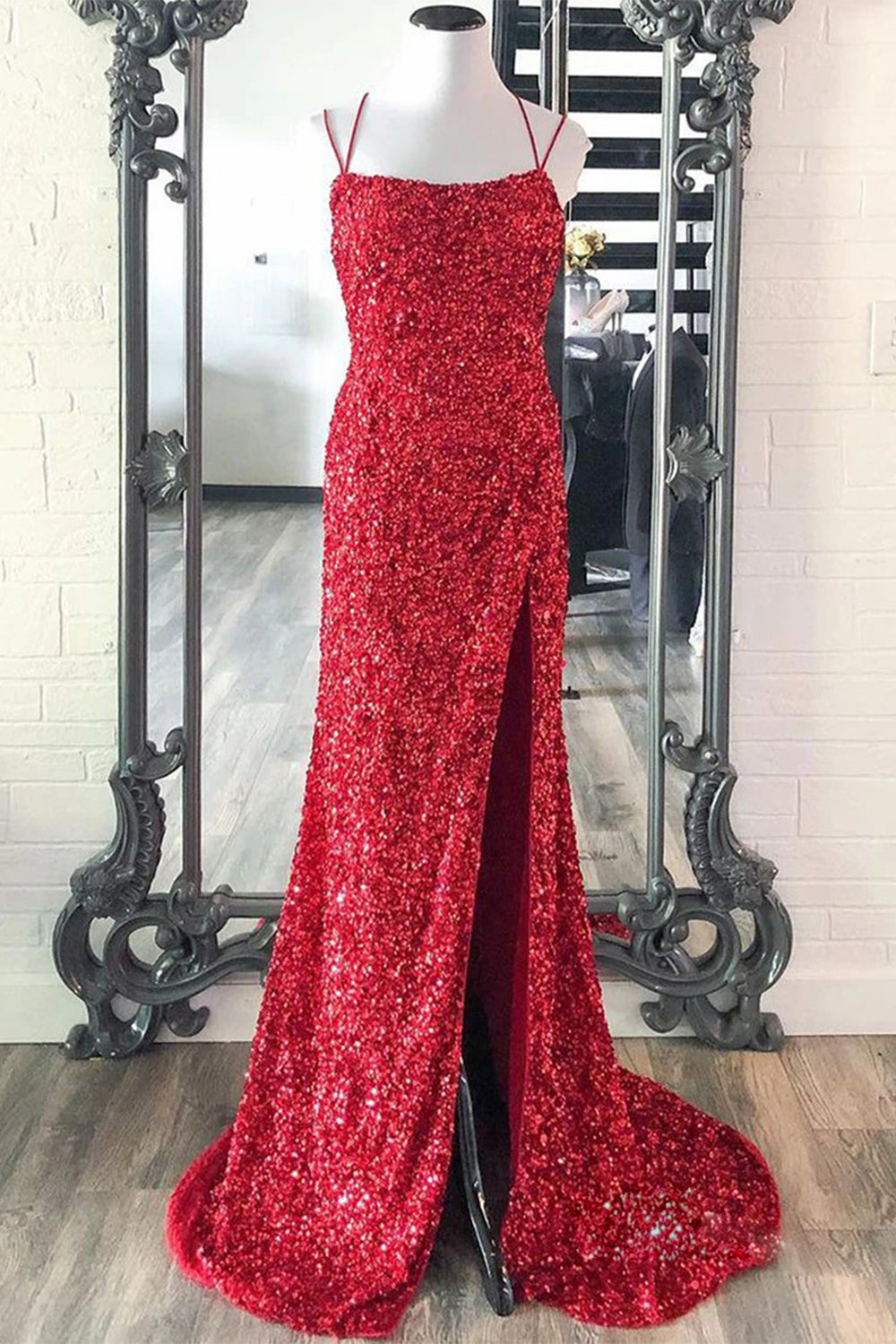 Mermaid Glitter Sequins Hot Pink Backless Long Prom Dress