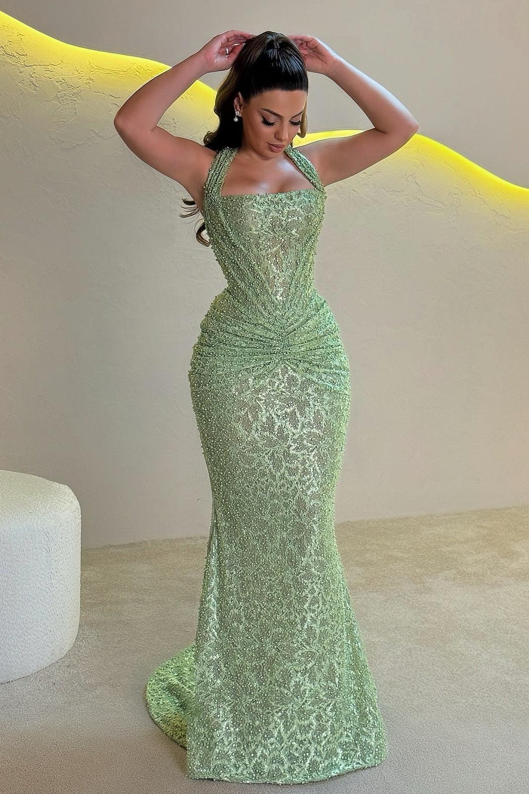 Mermaid Halter Neck Gold Sequined Long Prom Dress With Ruched Formal Evening Gown