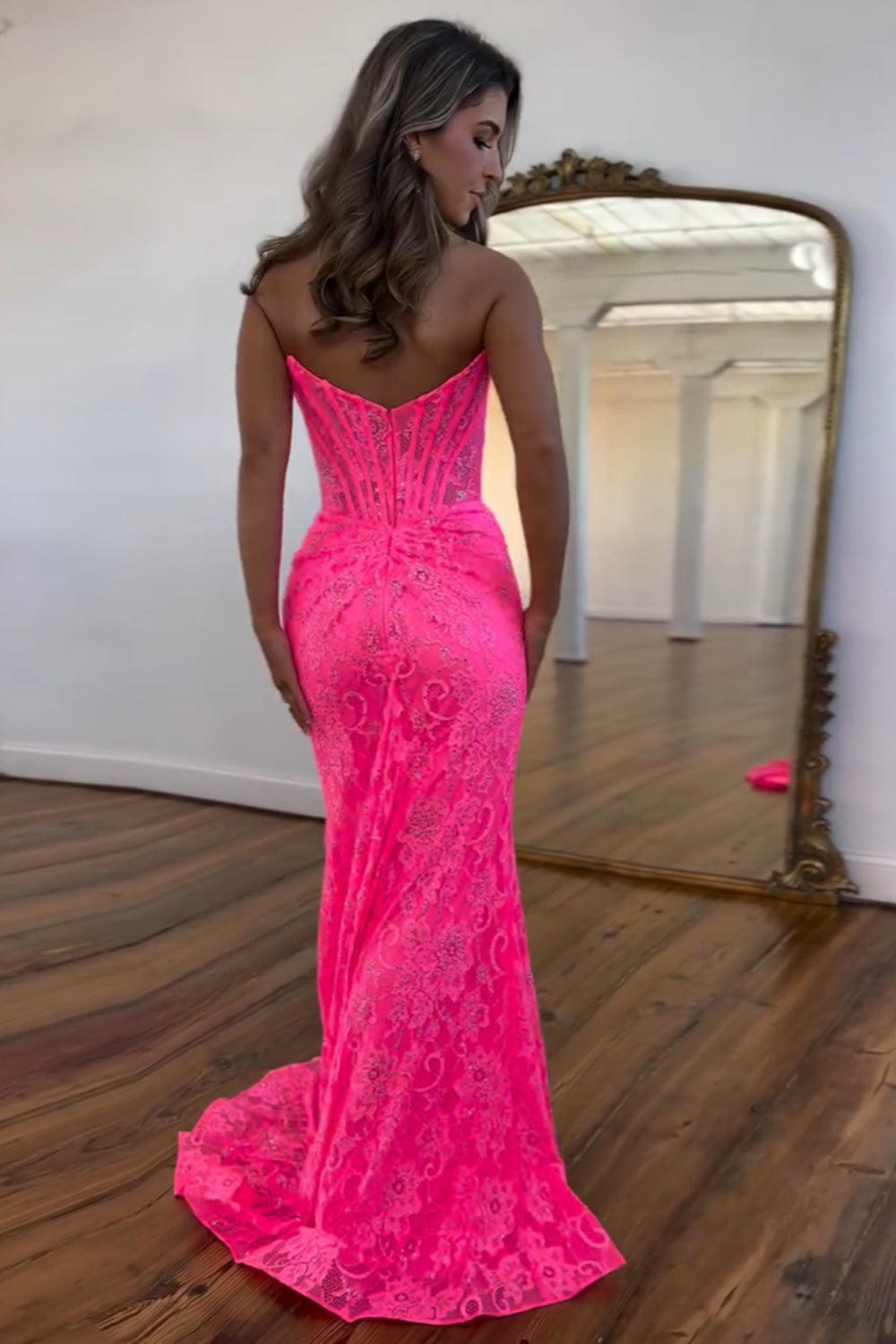 Mermaid Hot Pink Prom Dress Strapless Corset Evening Dress with Appliq –  Dreamyannie UK