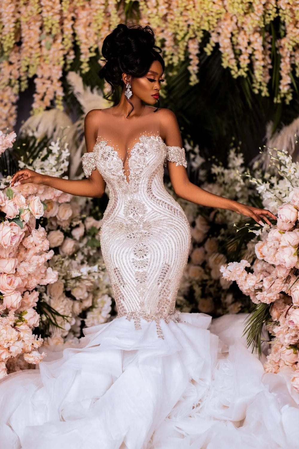 Mermaid Lace Off The Shoulder Sleeveless White Beach Wedding Dress Bridal Gown With Beading