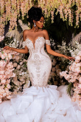 Mermaid Lace Off The Shoulder Sleeveless White Beach Wedding Dress Bridal Gown With Beading