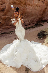 Mermaid Lace Off The Shoulder Sleeveless White Beach Wedding Dress Bridal Gown With Beading