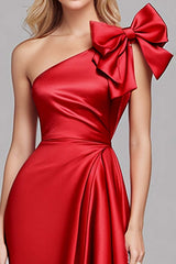 Mermaid Long Red Wedding Guest Dress One Shoulder Satin Formal Dress With Bow