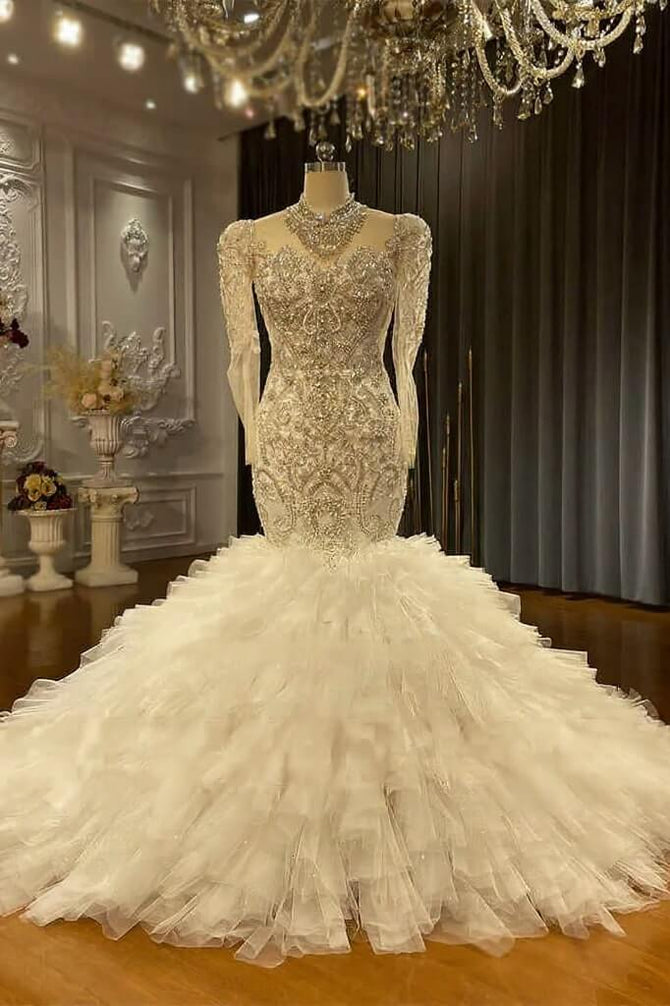 chinese dress ladies Illusion Long Sleeve Mermaid Plus Size Lace Ruffles Tiered Trumpet Wed