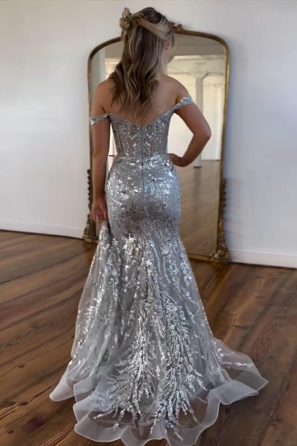 Mermaid Off The Shoulder Golden Prom Dress Long Sequined Evening Dress