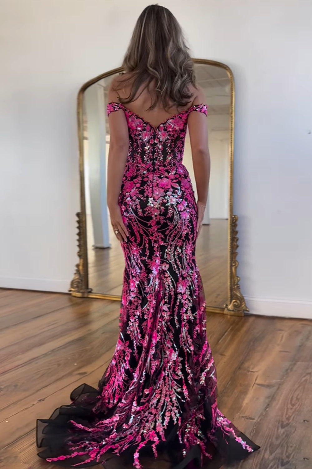 Mermaid Off The Shoulder Golden Prom Dress Long Sequined Evening Dress