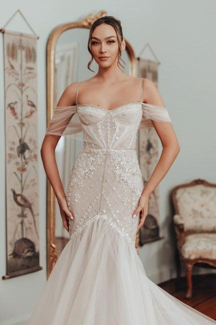 Mermaid Off The Shoulder Spaghetti Strap Sleeveless Lace Tulle Bridal Gown With Appliques