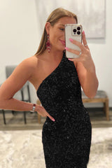 Mermaid One Shoulder Black Prom Dress Sequined Evening Dress
