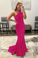 Mermaid One Shoulder Black Prom Dress Sequined Evening Dress