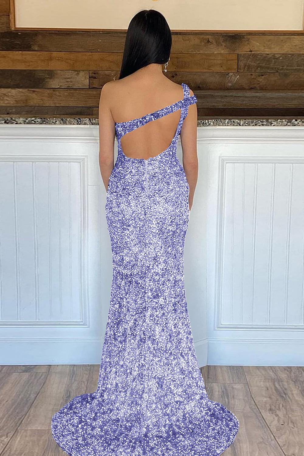 Mermaid One Shoulder Dark Purple Prom Dress Sequined Long Evening Dress