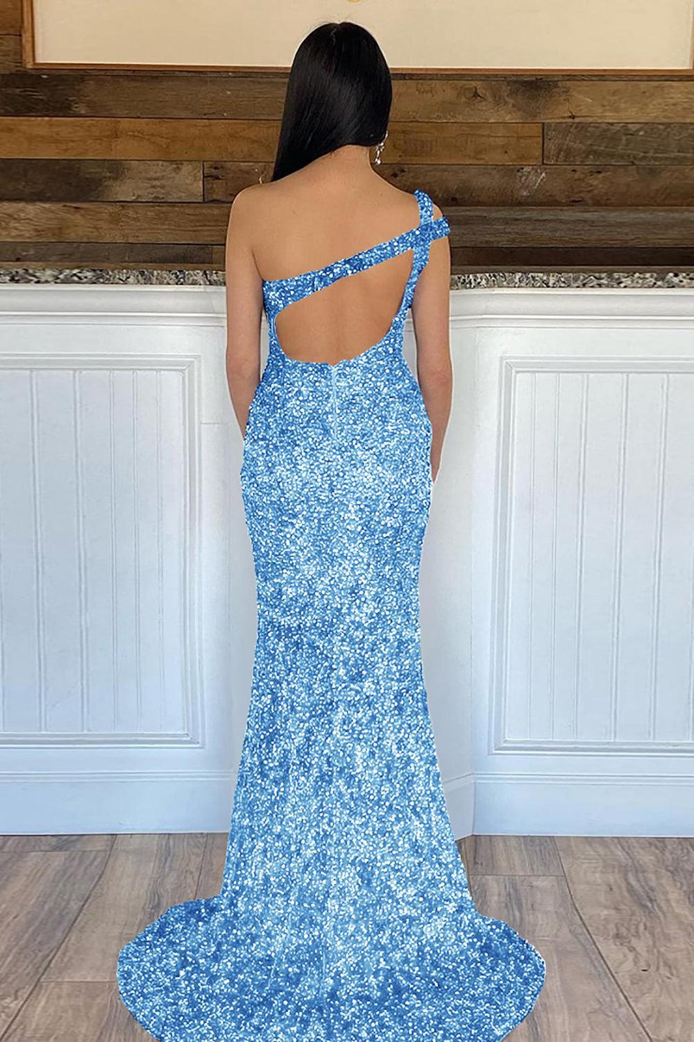 Mermaid One Shoulder Dark Purple Prom Dress Sequined Long Evening Dress