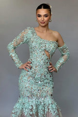 Mermaid One Shoulder Lace Beading Formal Dress With Sleeves