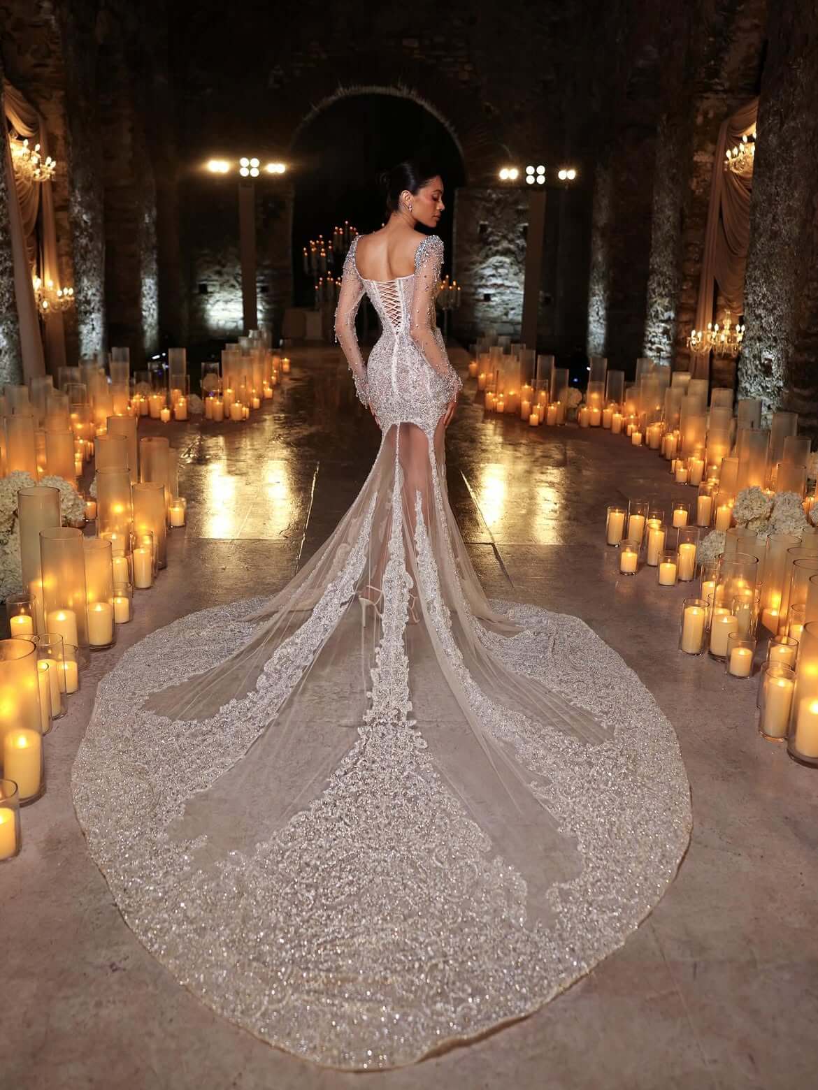 Mermaid Prom Dress Beaded Long Sleeve Tulle Floor Length Formal Gown