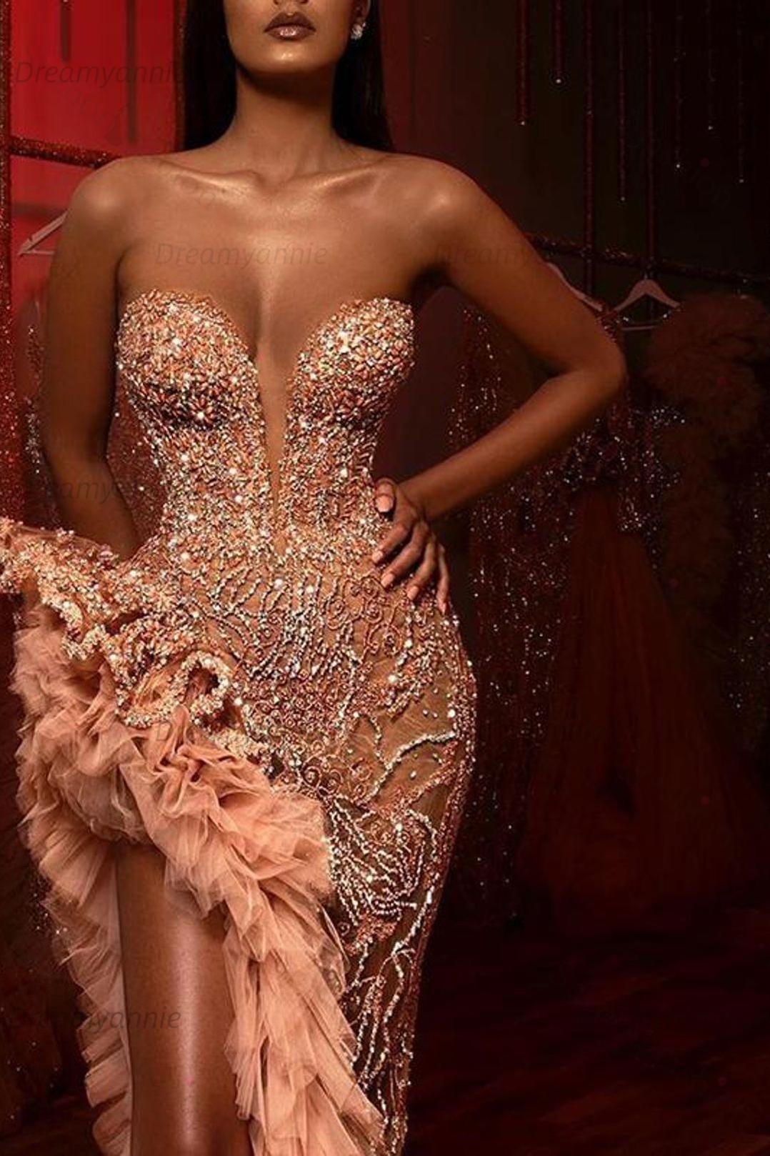Mermaid Prom Dress Beading Sleeveless Long Split Evening Dress With Ruffles