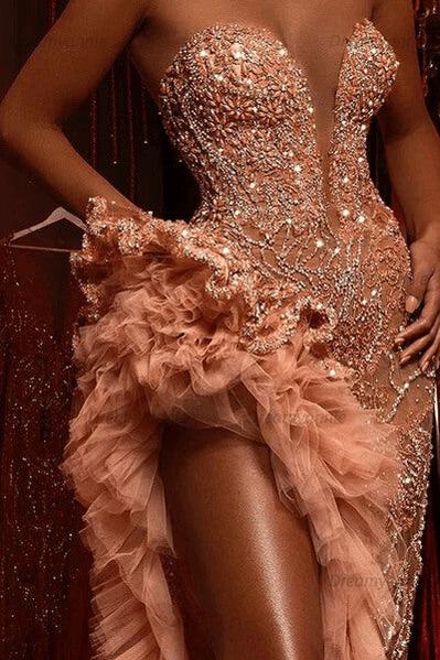 Mermaid Prom Dress Beading Sleeveless Long Split Evening Dress With Ruffles