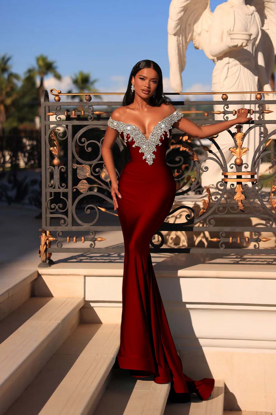 Mermaid Prom Dress Blue Off the Shoulder Beaded Evening Dress