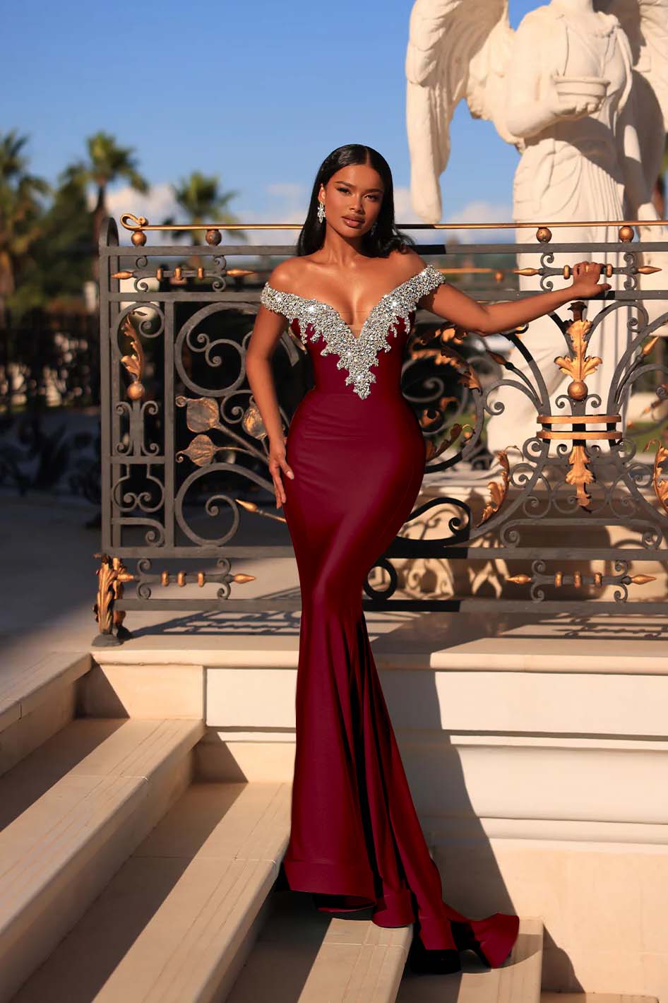 Mermaid Prom Dress Blue Off the Shoulder Beaded Evening Dress