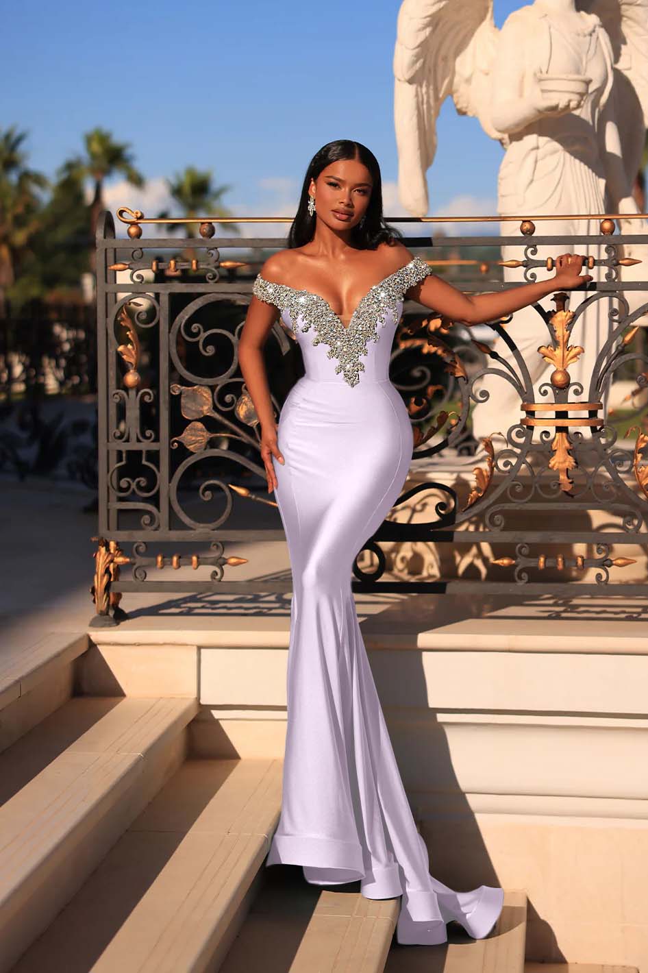 Mermaid Prom Dress Blue Off the Shoulder Beaded Evening Dress