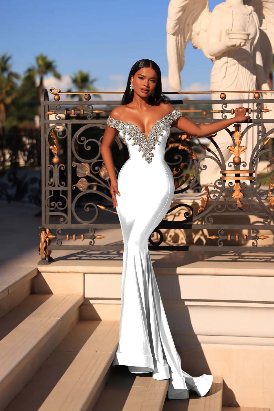 Mermaid Prom Dress Blue Off the Shoulder Beaded Evening Dress