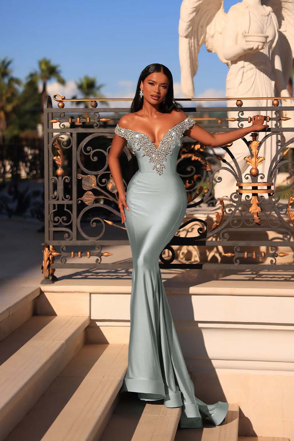 Mermaid Prom Dress Blue Off the Shoulder Beaded Evening Dress