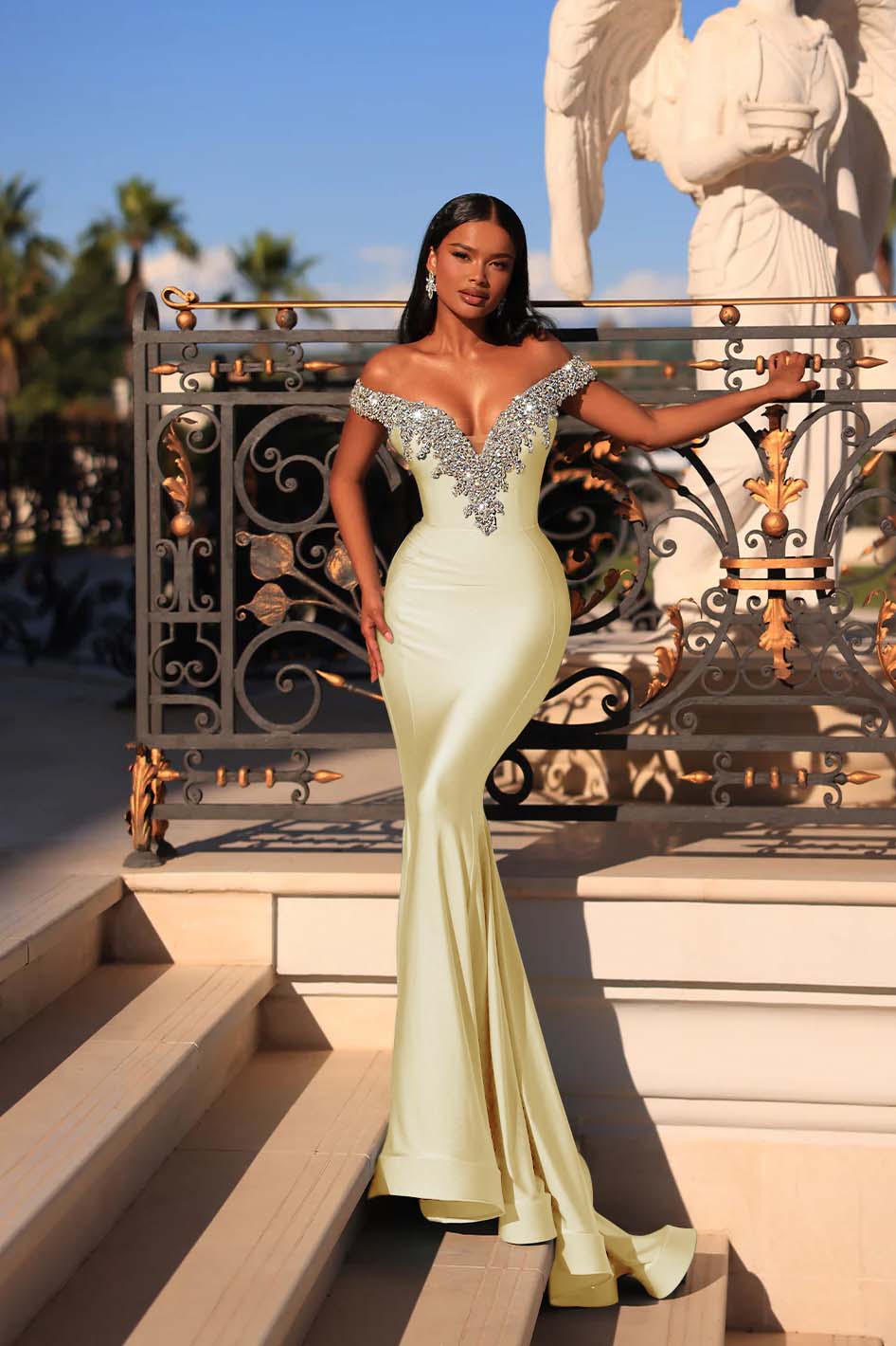 Mermaid Prom Dress Blue Off the Shoulder Beaded Evening Dress