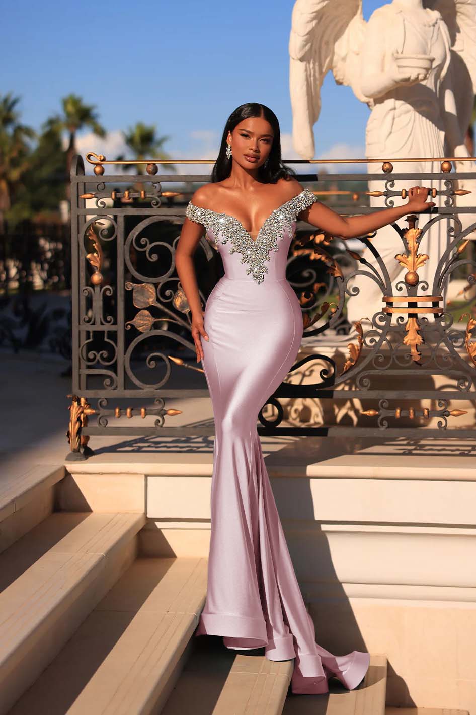 Mermaid Prom Dress Blue Off the Shoulder Beaded Evening Dress