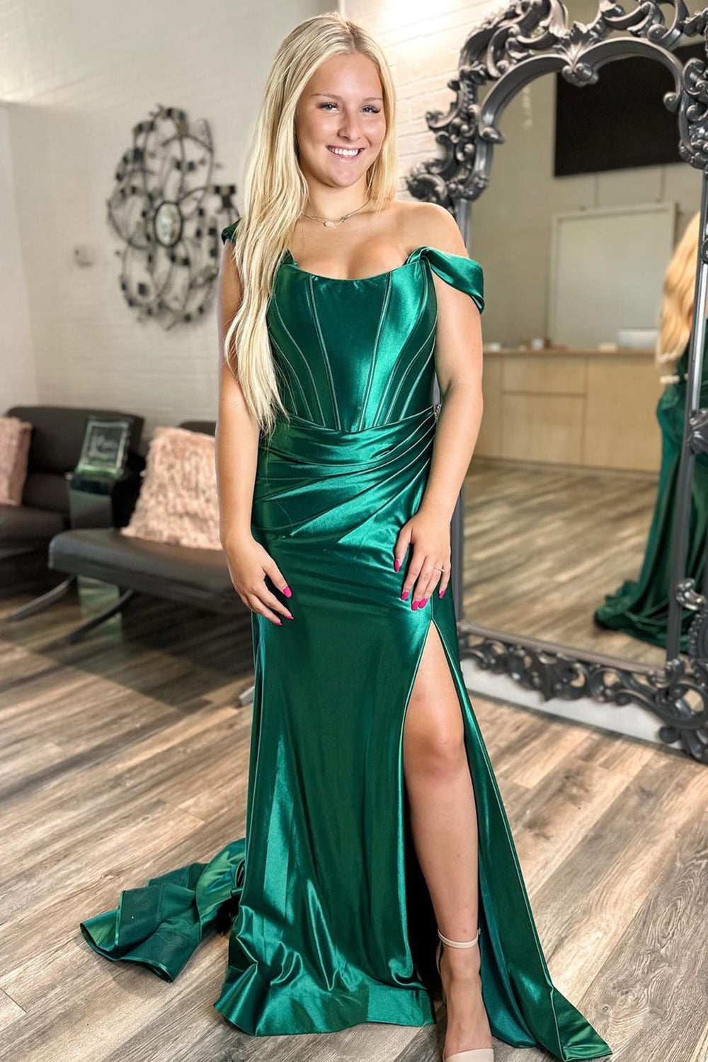Mermaid Prom Dress Dark Green Off The Shoulder Corset Satin Evening Drss With Slit